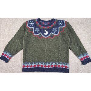 Eagle's Eye Cotton Ramie Cable Knit Sweater Moon Stars Snowflakes Fair Isle XL